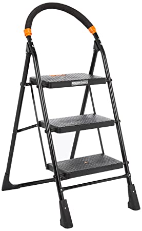 AmazonBasics Clamber - Foldable Step Ladder, Safety-Clutch Lock, Ribbed Steps, Knee Guard, Non-Marring PVC Shoes, 3 Steps (Steel, Black & Orange, Iron & Plastic)