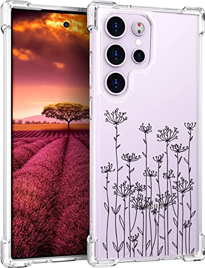 Topgraph Samsung Galaxy S23 Ultra Case Floral Flower Clear Cute for Women Girly Designer Girls, Phone Case Flower Design Compatible with Samsung Galaxy S23 Ultra (Black Simple Dandelion Floral)