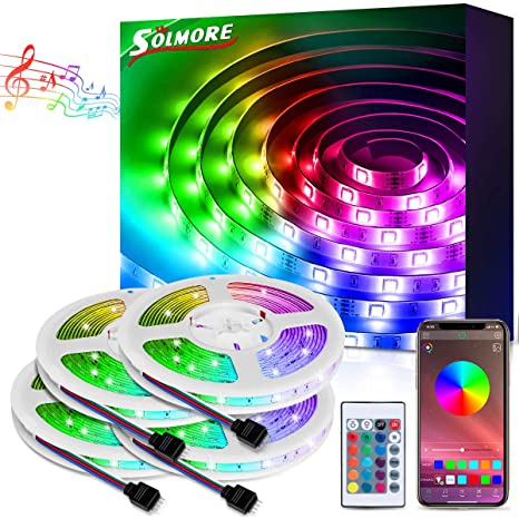 LED Strip Lights 16m(52.4ft), SOLMORE Led Lights Color Changing Rope Lights Kit RGB SMD 5050 Mood Light with Remote Control and APP, Sync with Music for Bedroom TV Home Kitchen Bar DIY Decoration