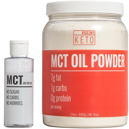 Kiss My Keto 24oz MCT Powder Supplement Coffee Creamer with Bonus 4 oz Travel Bottle - Add to Your Beverage for Creamy Taste - Not Oily, Easier To Digest Than MCT Oil - Perfect for Bulletproof Coffees