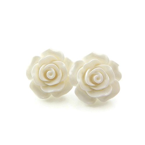 Large Rose Earrings on Plastic Posts for Metal Sensitive Ears, Winter White