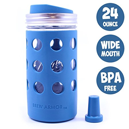 Brew Armor 24 Oz. Wide-Mouth (1.5 Pint) Mason Jar Beverage Bottle (Silicone Sleeve, Lid and Cork) by Brute Kitchen (Deep Water Blue)