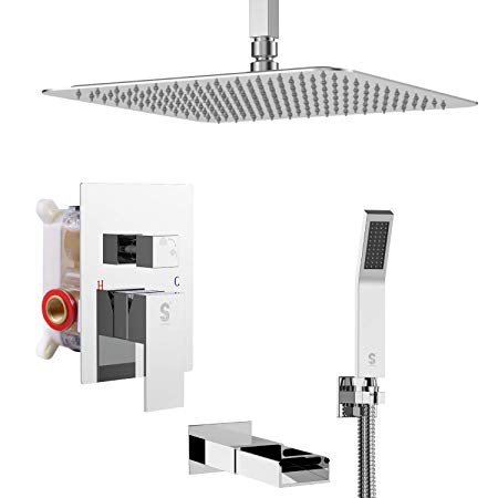 SR SUN RISE Shower System 12 Inches Tub Spout Shower Faucets Sets Complete Ceiling Mounted Rainfall Shower Head System Polished Chrome. Contain Shower Faucet Rough-in Valve Body and Trim