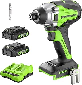 Greenworks 24V Brushless Cordless Impact Driver Kit, 2650 in./lbs Torque 1/4-inch Hex, Variable Speed Impact Drill/Driver Set, Included Power Bank, Bits and Tool Bag