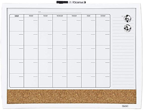 Quartet Combination Magnetic Whiteboard Calendar & Corkboard, 17" x 23" Combo White Board & Cork Board, Curved Frame, White (38097-WT)