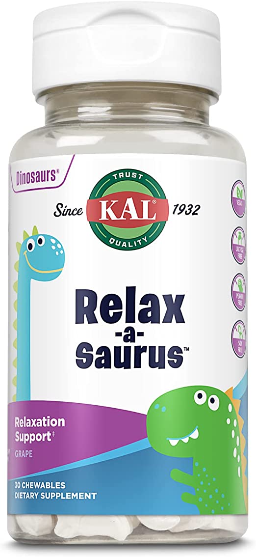 KAL® Relax-a-Saurus | Stress Support for Kids | L-Theanine Relaxation Blend for Children | Grape Flavor Chewables | 30 Servings