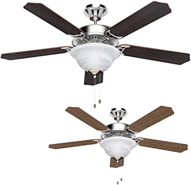 LE 132cm/52" Ceiling Fan with Light, with 5 Wooden Blades (Black or Brown Reversible) and 2 E14 Bulb Sockets, 3 Speeds, Forward or Reverse Ceiling Fan for Winter and Summer