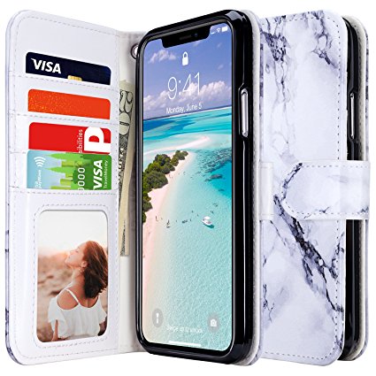 iPhone X Case, iPhone X Wallet Case with Card Holders, ULAK Marble Kickstand Premium Synthetic Leather Folio Handmade Wrist-strap Wallet Case Cover for iPhone X/iPhone 10 5.8 inch