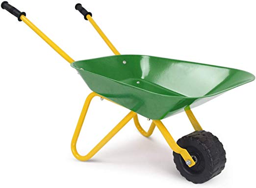 HAPPYGRILL Kids Metal Wheelbarrow, Yard Rover Steel Tray, Metal Construction Toys Kart, Tote Dirt/Leaves/Tools in Garden for Toddlers, Kids Play Tools