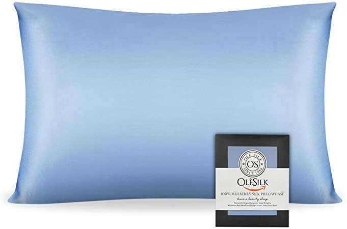OLESILK 100% Mulbery Silk Pillowcase with Hidden Zipper for Hair and Skin Beauty, Soft Both Sides 19mm Silk Pillow Cases Gift Box, 1pc- Light Blue, Standard