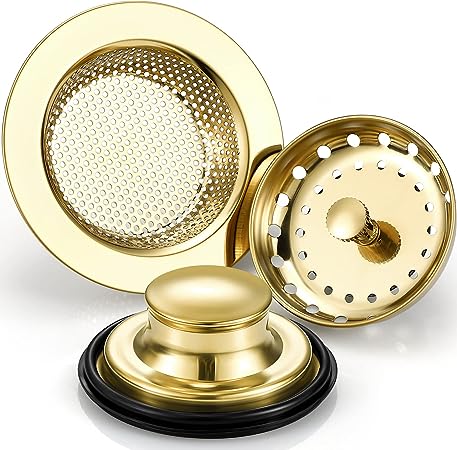 3 Pieces Kitchen Sink Stopper Strainer Garbage Disposal Plug, Stainless Steel Universal Anti-Clogging Filter, Sieve Basket Strainer, Wide Rim for Drain (Light Gold)