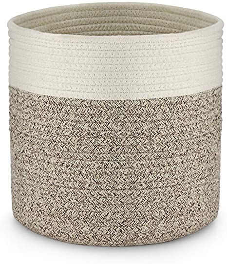 Kohree Cotton Rope Basket Storage Basket Organizer for Laundry Toy Storage Blanket Storage, 28cm x 28cm Cotton Rope Plant Basket for for 25cm Flower Pot Floor Indoor Planters(White &Yellow Strip)