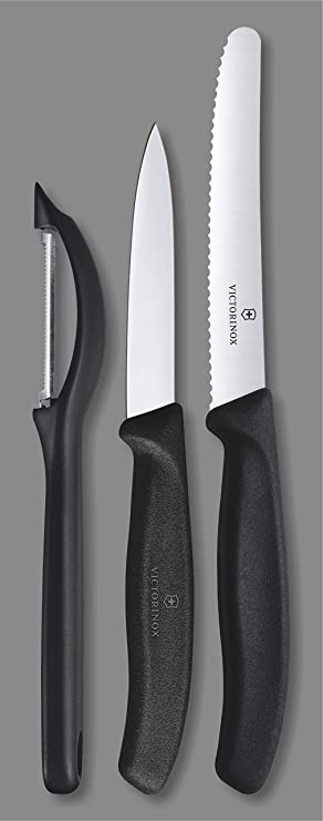 Victorinox Kitchen Knife, Set of 3, Sharp Straight Edge and Wavy Edge Knives with Stainless Steel Universal Peeler, Black