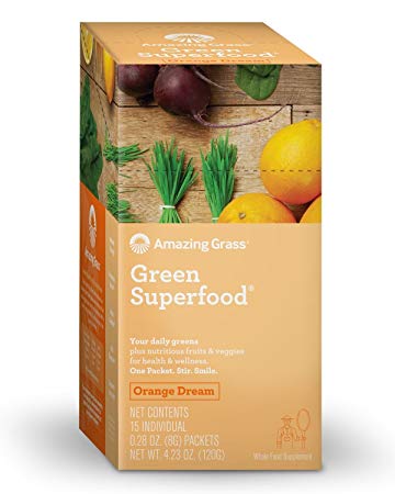 Amazing Grass Green Superfood Organic Powder with Wheat Grass and Greens, Flavor: Orange Dream, Box of 15 Individual Servings