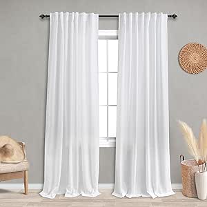 KOUFALL 90 Inch Length White Curtains,Back Tab Rod Pocket Semi Sheer Light Filtering Linen Curtain Drapes for Living Room Bedroom,90in Long