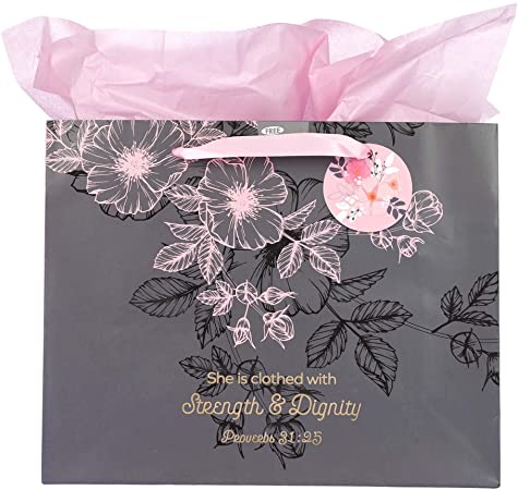 Christian Art Gifts Landscape Gift Bag and Tissue Paper Set - Strength and Dignity - Proverbs 31:25 Inspirational Bible Verse, Pink/Grey Floral, Large