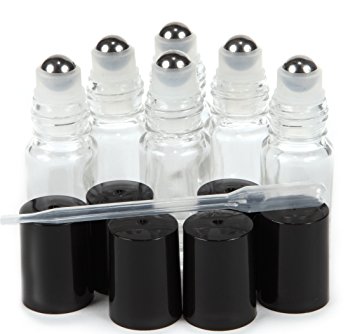 6, Clear, Mini (Approximately 4 ml, 1/8 fl. oz) Glass Roll-on Bottles with Stainless Steel Roller Balls - .5 ml Dropper Included