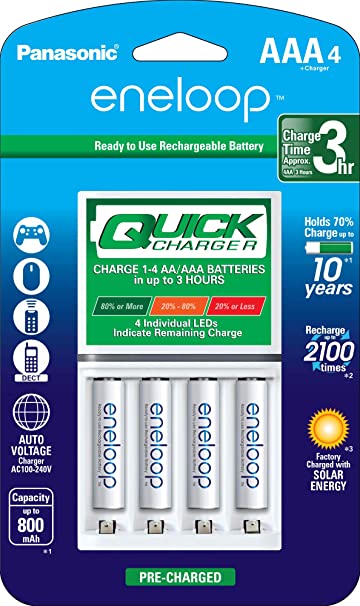 Panasonic Advanced Individual Battery 3 Hour Quick Charger with 4 AAA eneloop Rechargeable Batteries, White