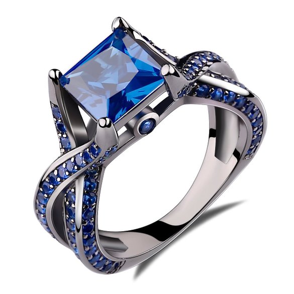 2.0ct Princess Cut Created Blue Sapphire Engagement Ring 14k Black Gold Plating Sterling Silver 925 Ring
