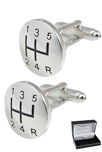 COLLAR AND CUFFS LONDON - Premium Cufflinks with Gift Box - Gear Stick with A Domed Face - Perfect for Car Lovers - Brass - Round Gear Knob Shift - Silver Colour