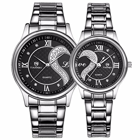 Valentines Romantic Pair His and Hers Wrist Watches Silver, Stainless Steel Bracelet,Set of 2