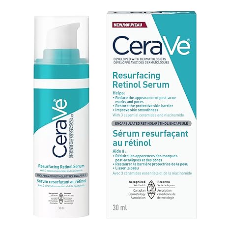 CeraVe Resurfacing RETINOL Serum For Face with niacinamide. Helps even skin tone, skin smoothness, post-acne marks & pore minimizer. Gentle, Fragrance-free, non-comedogenic, sensitive skin, 30ML