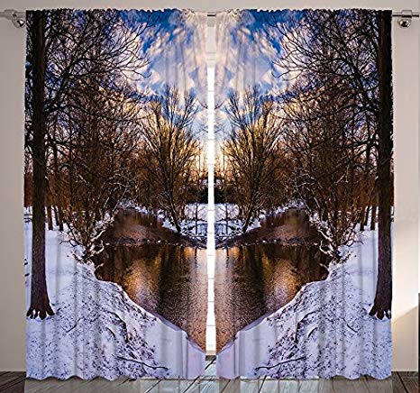 Ambesonne Landscape Home Decor, Snowy Winter Park Trees Heart Shape Lake River Sunset View Picture Art, Bedroom Living Room Curtain 2 Panels Set, 108 X 90 Inches, Blue White Brown