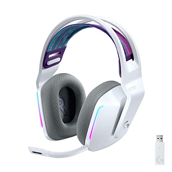 Logitech G733 Lightspeed Wireless Gaming Headset with Suspension Headband, LIGHTSYNC RGB, Blue VO!CE mic Technology and PRO-G Audio Drivers-White