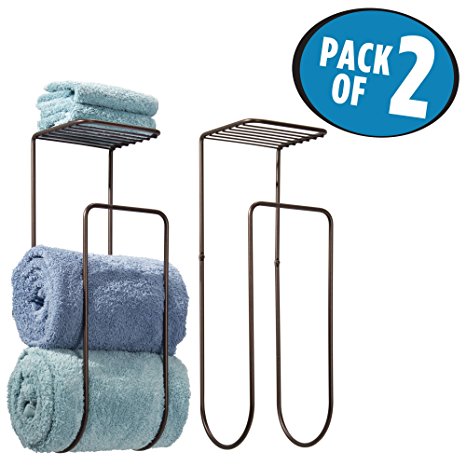 mDesign Wall Mount Towel Rack With Shelf for Bathroom or Linen Closet - Pack of 2, Bronze