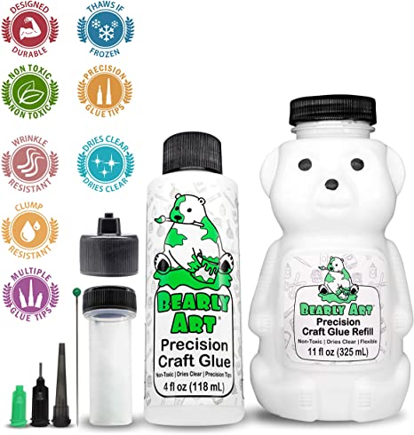 Bearly Art Precision Craft Glue Bundle - 4fl oz and 11fl oz Refill Bear - Multiple Sizes Tip Kit - Non-Toxic - Wrinkle Resistant - Flexible and Crack Resistant - Strong Hold Adhesive - Made in USA
