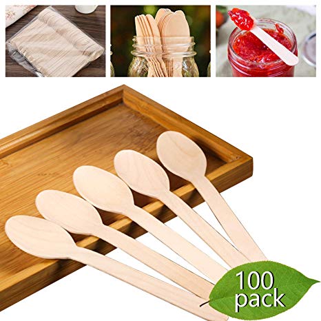 Disposable Wooden Spoons Heavy Weight - KITMA 6.5" Natural Birch Wood Environmental Protection Tableware - Alternative to Plastic Cutlery - Biodegradable (100 Pack)