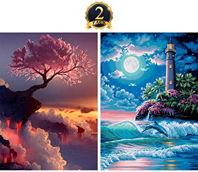 5D Diamond Painting Full Drill by Number Kits for Adults Kids, DIY Rhinestone Pasted Paint Set for Arts Craft Decoration 2 Pack by Yomiie, Cloud Tree (12x16inch) & Seaside Lighthouse (12x16inch)