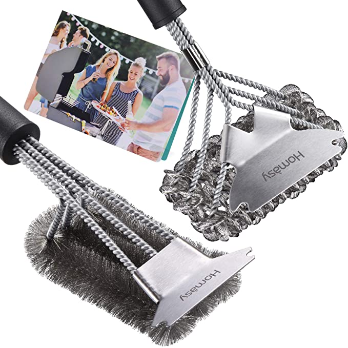 Homasy Grill Brush Set, 2 x 18" BBQ Cleaning Brushes with Scraper, Bristles Free & Stainless Steel, Safe for Porcelain, Cast Iron, Gas, Charcoal, Steel Grates, Ideal BBQ Accessories (2 Packs)