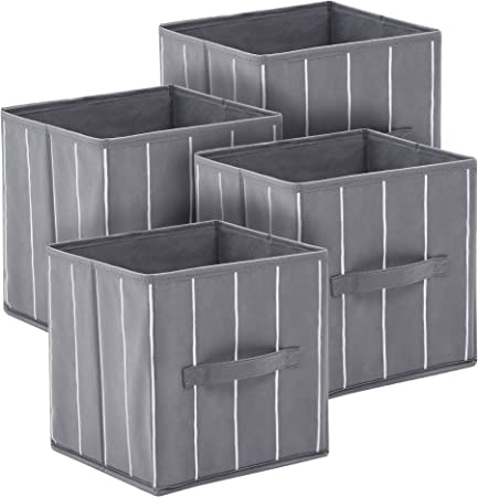 Deconovo Set of 4 Foldable Storage Bins, 10.5x10.5x11 Inch, Cube Storage Organizer with Dual Handle for Kids Room, Nursery (Set of 4, Grey, Stripe Pattern)
