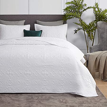 Hansleep Quilt Set Ultrasonic Lightweight Bed Decor Coverlet Set Comforter Bedding Cover Bedspread for All Season Use (White Baroque, Full/Queen 90x96inches)