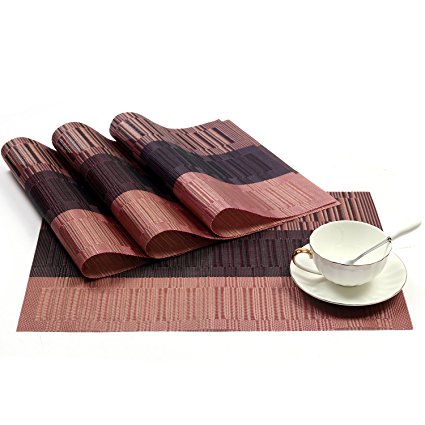 SHACOS Exquisite PVC Placemats Woven Vinyl Place Mats for Table Heat-Resistant Brown Mats (4, Ombre Red and Black)