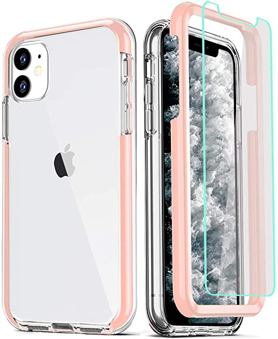 COOLQO Compatible for iPhone 11 Case, with [2 x Tempered Glass Screen Protector] Clear 360 Full Body Coverage Hard PC Soft Silicone TPU 3in1 Heavy Duty Shockproof Defender Phone Protective Cover Pink