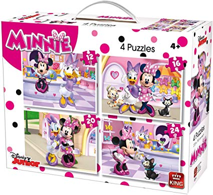 King 5254 Disney 4-in-1 Jigsaw Puzzle Minnie Mouse (12/16/20/24-Piece) - 4 Puzzles in a Suitcase