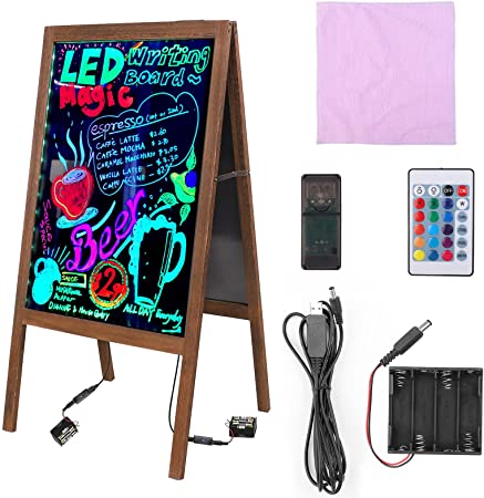 Rustic A-Frame Chalk Board, Large 39.4 x 20.5 Inch LED Message Writing Board Double Glass Sides Neon Illuminated Erasable Neon Sign Sandwich Board Menu Display for Restaurant Wedding