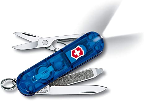 Victorinox Signature Lite Swiss Army Pocket Knife, Small, Multi Tool, 7 Functions, LED, Pen, Blue Transparent