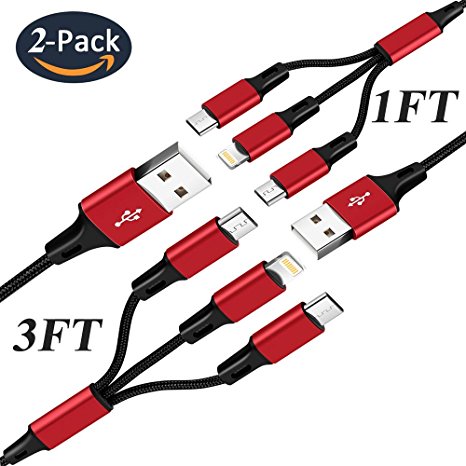 Multi Charger ThinkANT 2Pack [3FT 1FT] Nylon Braided Universal 3 in 1 Multiple USB Charging Cable Cord Adapter with Lightning / USB Type C / Micro USB Connector Ports for iPhone, iPad, Android More