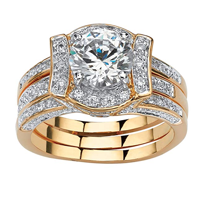 Palm Beach Jewelry 18K Yellow Gold Plated Round Cubic Zirconia Vintage Style Jacket Bridal Ring Set