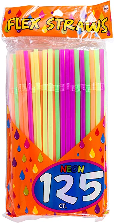 Jacent Disposable Drinking Straws - Neon Plastic Flex Straws, 125 Count per Pack, 1-Pack