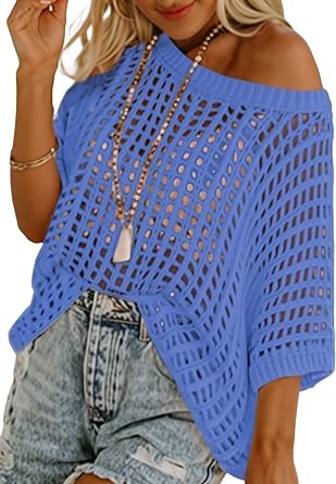 Dokotoo Womens Summer Scoop Neck Short Sleeve Sweater Casual Crochet Hollow Out Knit Tops Pullover Shirts Beach Coverup