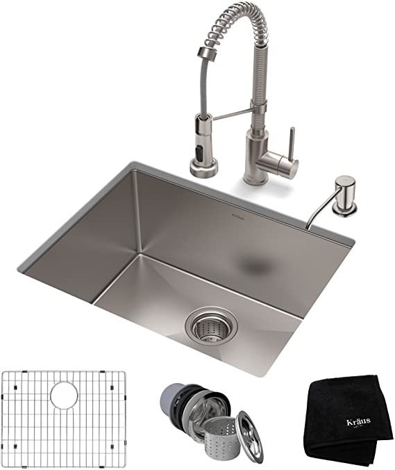 KRAUS KHU101-23-1610-53SS Set with Standart PRO Stainless Steel Sink and Bolden Commercial Pull Faucet Kitchen Sink & Faucet Combo, 23 Inch