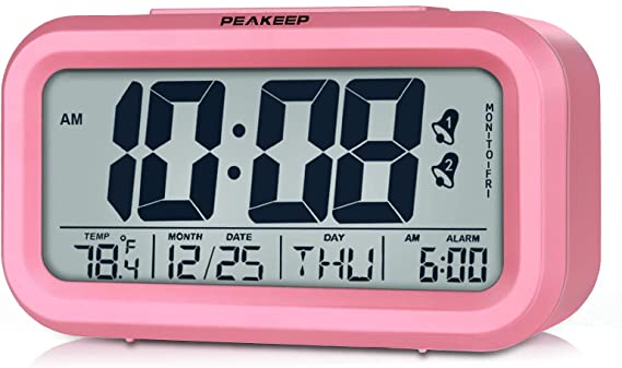 Peakeep Digital Alarm Clock with 2 Alarms for Workdays, Indoor Temperature and Smart Night Light, Battery Operated Only (Pink)
