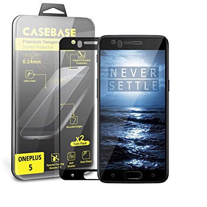 Glass Screen Protectors for use with Oneplus 5 / OnePlus Five (2017 version) - BLACK Full Cover Tempered Glass Screen Protector Twin Pack from CaseBase