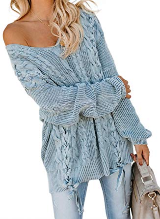 Ecrocoo Women's Off Shoulder Long Sleeve V-Neck Ribbed Cable Pullover Sweaters Loose Fitting Jumper Tops