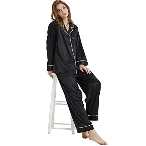 Women's Solid Color Satin Pajama Set Long …