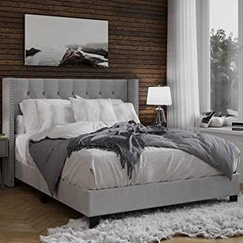 DG Casa Bardy Upholstered Panel Bed Frame with Diamond Button Tufted and Nailhead Trim Wingback Headboard, Queen Size in Silver Faux Velvet Fabric